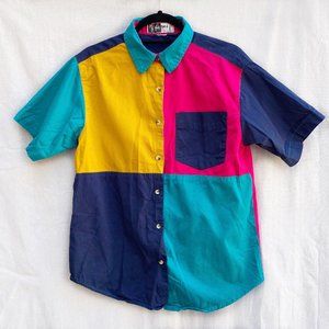 Colorblock Patchwork Short Sleeve Button Down M-L